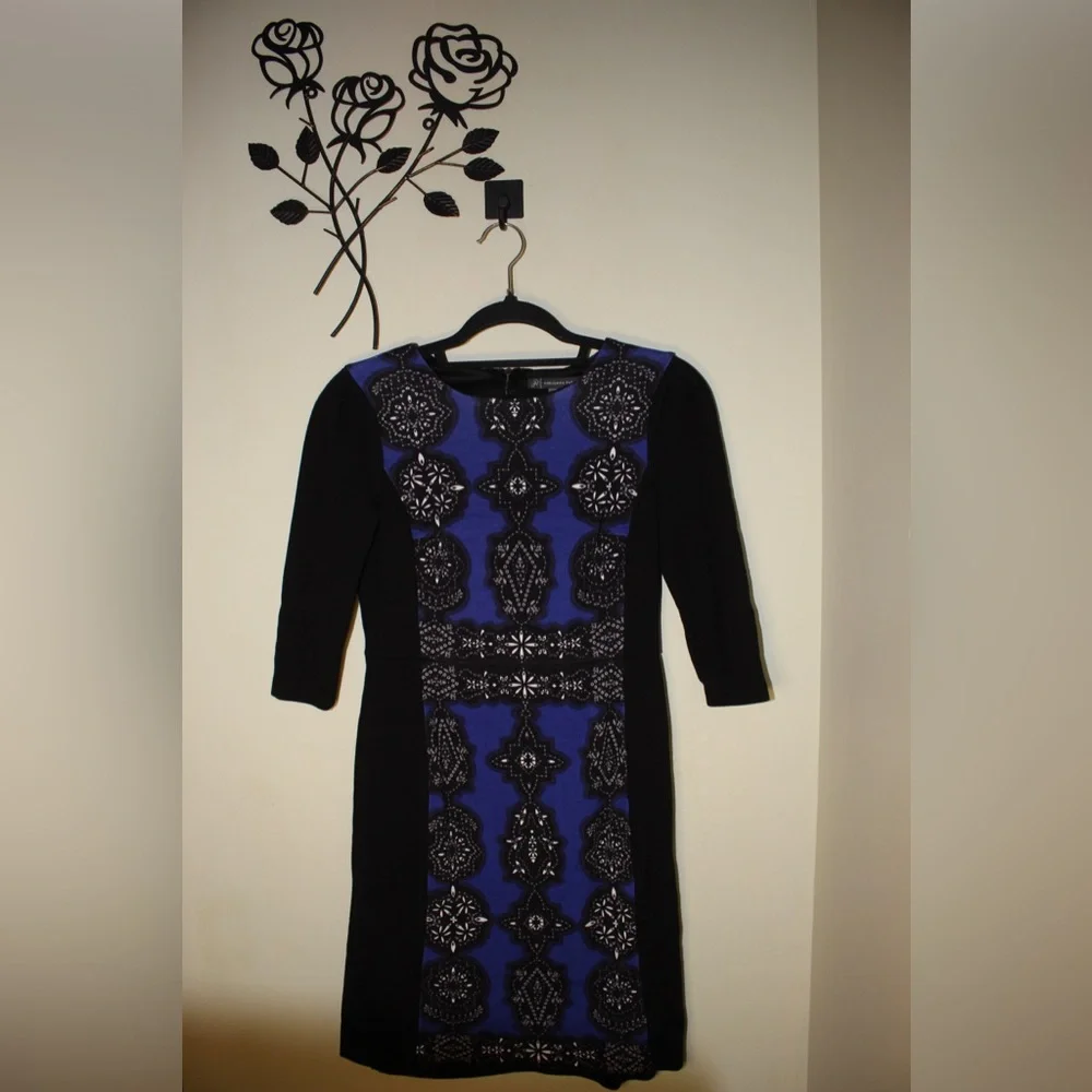 Adrianna Papell Women's Jewel Printed 3/4 Sleeve Fitted Blue Black Dress Size 4 - Picture 2 of 10